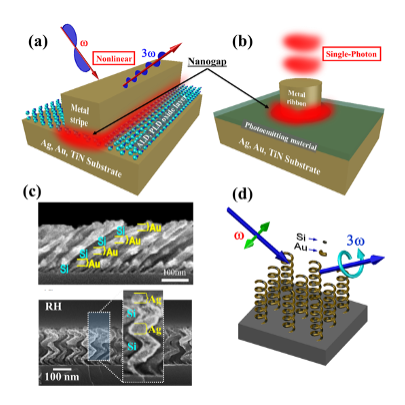 Enhanced nonlinear (a) and quantum (b) optical effects based on localized gap-plasmon nanostructures. (c) Arrays of GLAD fabricated Au-Si slanted nanocolumns and Ag-Si nanohelices to achieve enhanced chiral response. (d) Nonlinear helical metasurfaces for enhanced circularly-polarized harmonic generation.
