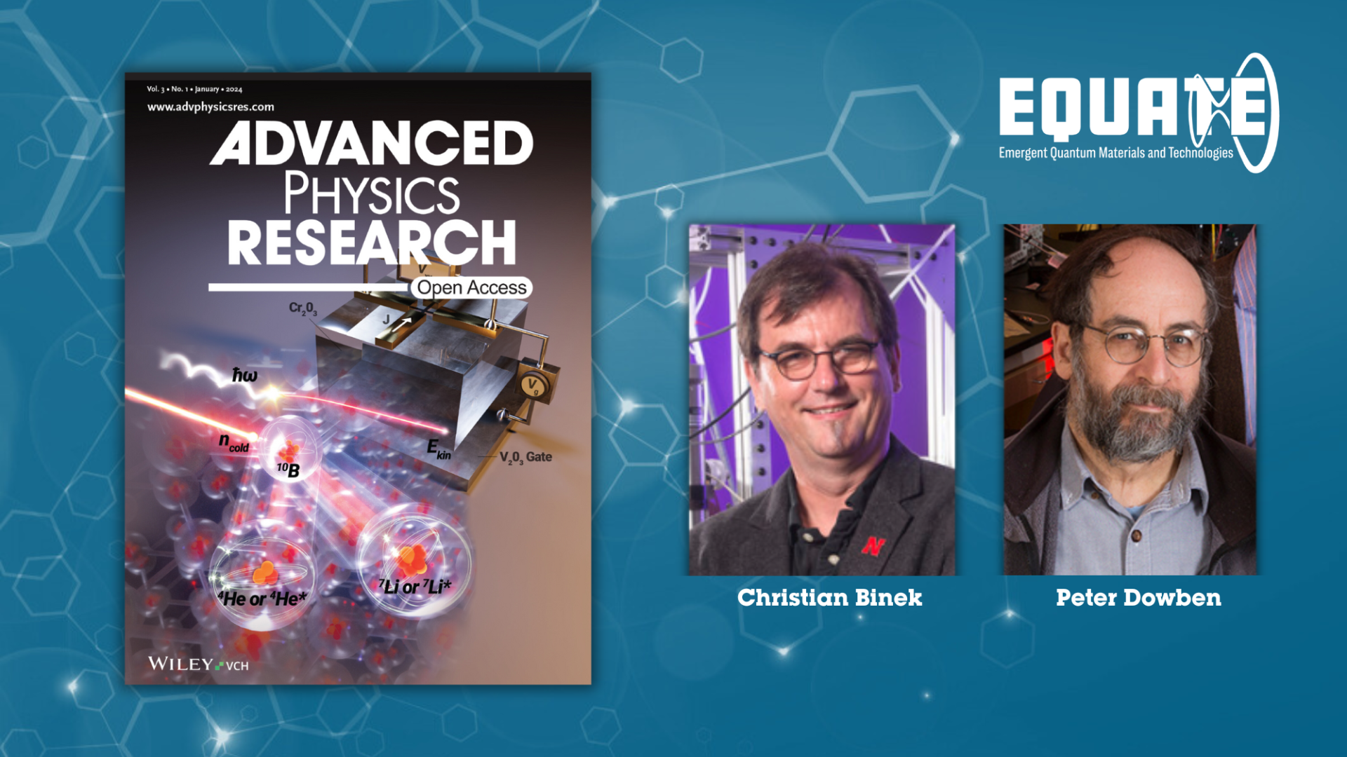 The cover image is accompanied by photos of researchers Christian Binek and Peter Dowben.