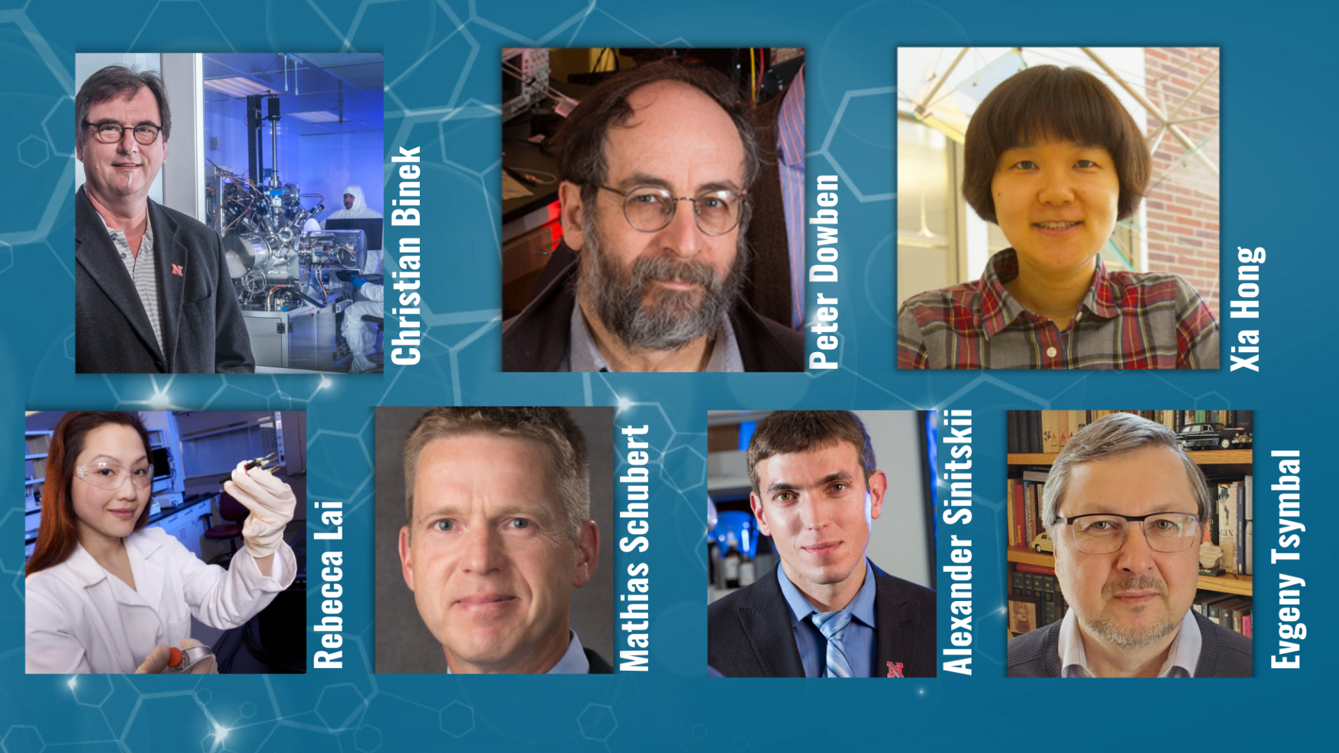 The six EQUATE researchers ranked among the world's top. Photos of Christian Binek, Peter Dowben, Xia Hong, Rebecca Lai, Mathias Schubert, Alexander Sinitskii, and Evgeny Tsymbal.