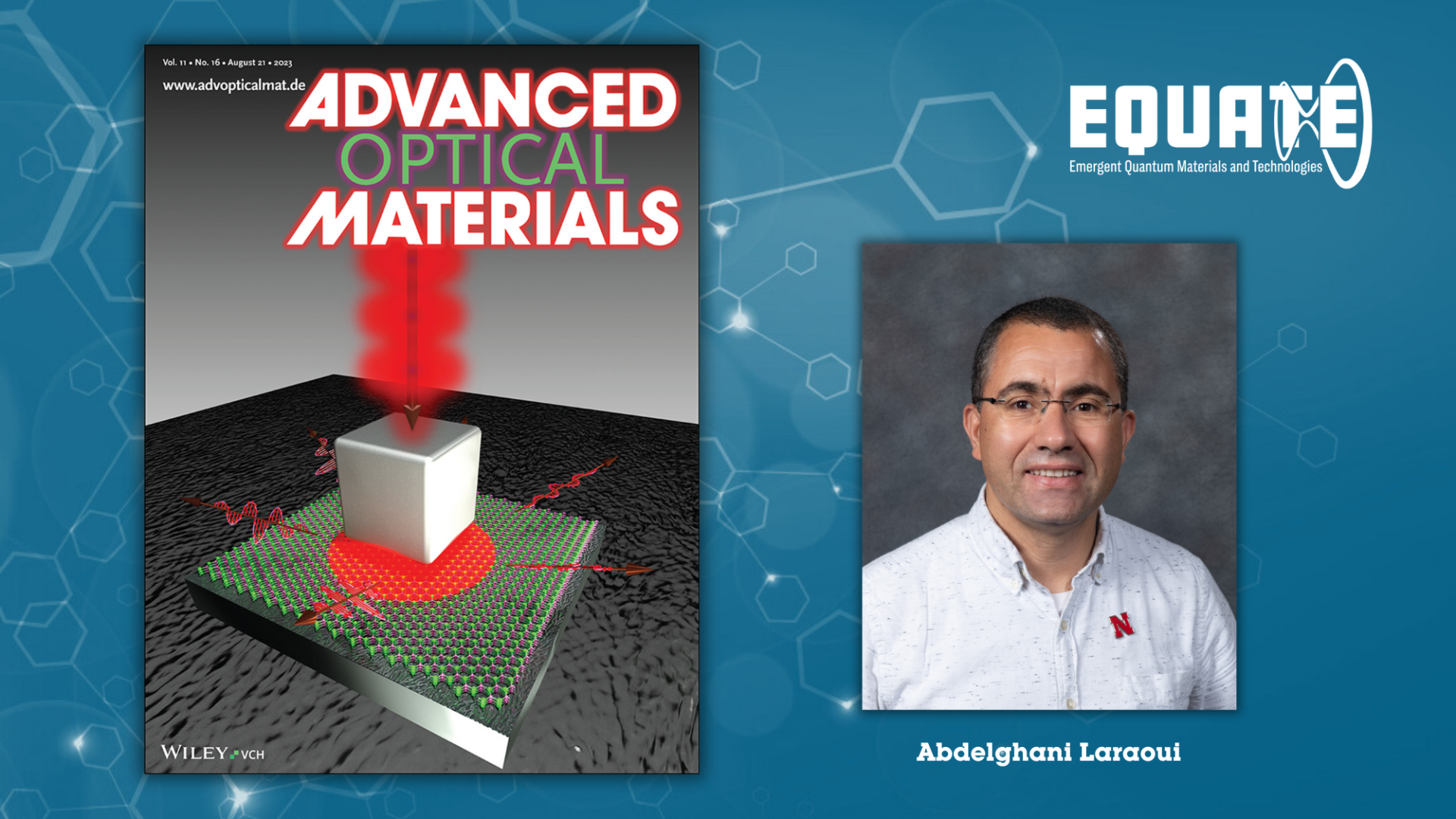 A copy of the back cover image from Advanced Optical Materials is on the right and a photo of the PI, Abdelghani Laraoui, is on the left.