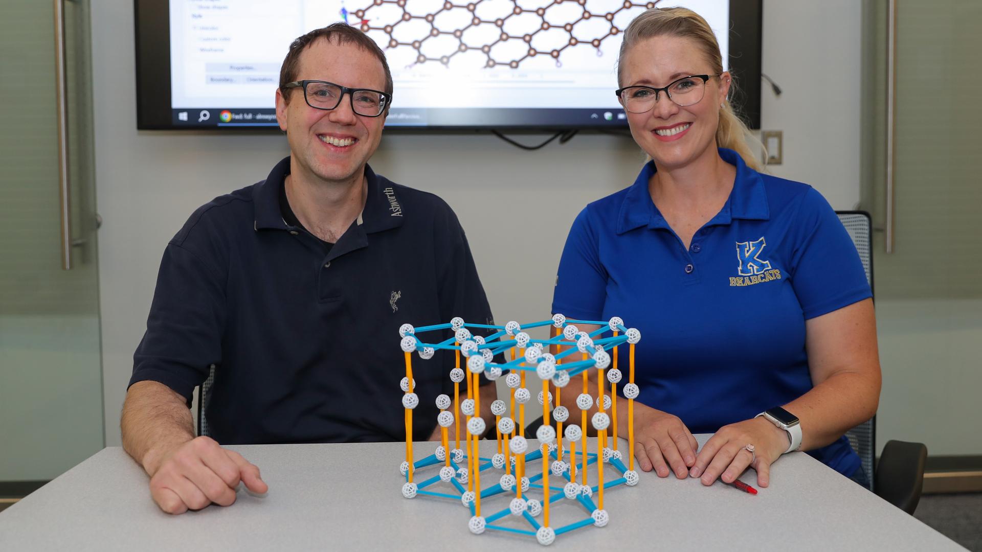 UNK Assistant Professor of Physics Alex Wysocki (left) and Kearney High School chemistry teacher Alison Klein collaborate on quantum materials in the summer of 2023 via an “RET” (Research Experience for Teachers) funded by the National Science Foundation via Nebraska EPSCoR. Photo by University of Nebraska at Kearney.