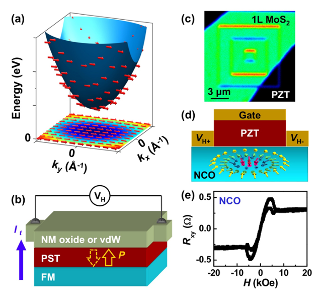 Fig.: (a) 3D band structure (top) and 2D spin projection (bottom) in BiInO3. (b) Schematic of a tunnel junction. (c) Second harmonic generation mapping of 1L MoS2 on PZT. (d) Schematic of a Hall transistor hosting a Néel type skyrmion. (e) Topological Hall effect in (110) NCO.