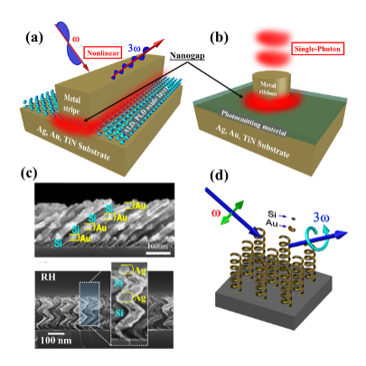 Fig.: Enhanced nonlinear (a) and quantum (b) optical effects based on localized gap-plasmon nanostructures. (c) Arrays of GLAD fabricated Au-Si slanted nanocolumns and Ag-Si nanohelices to achieve enhanced chiral response. (d) Nonlinear helical metasurfaces for enhanced circularly-polarized harmonic generation.