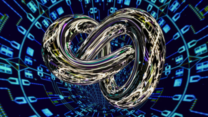 In this illustration, an object called a trefoil knot hovers amidst superconducting qubit chips.