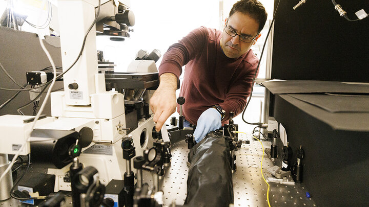 Mohammadjavad Dowran works with diamond quantum sensing microscopes in Abdelghani Laraoui’s lab.