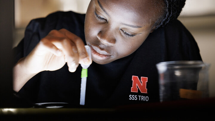 Riada Riyangow uses a pipette while learning about biological sciences research in a Manter Hall lab. The global impact of Nebraska’s research enterprise continues to make impacts as 180 Husker scientists have been included on the Stanford/Elsevier Top 2% Scientists List. The publication is the definitive list of research that has the greatest influence across each field of study.