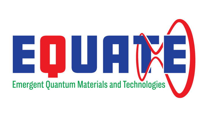 EQUATE logo with bold blue and red text, and a red quantum-inspired design.