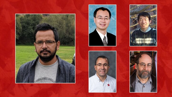 Photos of Bharat Giri and Prof.'s Xiaoshan Xu, Sy-Hwang Liou, Abdelghani Laraoui, and Peter Dowben.